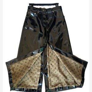 Louis Vuitton Black Denim and Patent A-Line Skirt with Monogram Interior Lining